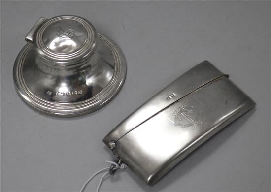 A George V curved silver card case and a silver capstan inkwell.